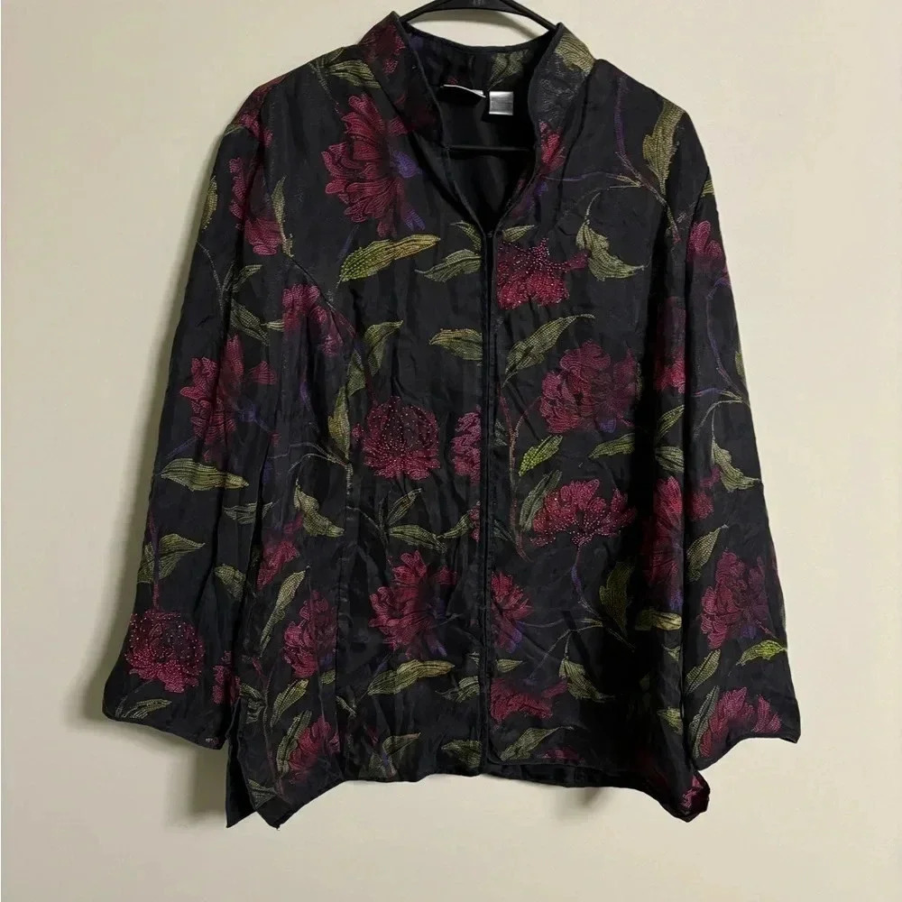 Chico’s Size 2 (Large) Silk Jacket Haori Black Floral Long Sleeves Beaded